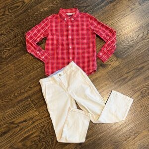 Janie and Jack Red Plaid Button Down Shirt and White Pants